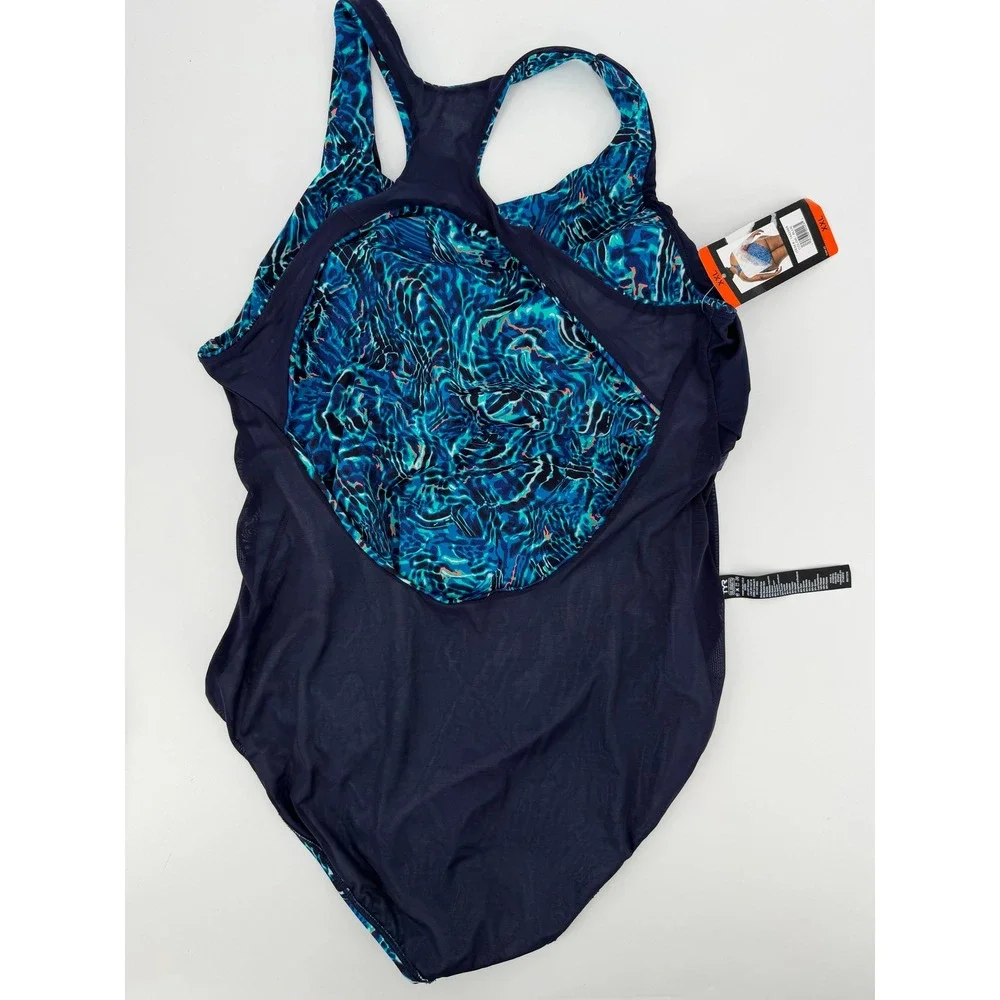 TYR Women XXL Blue Water Ripple Print Racerback One Piece Swimsuit Controlfit